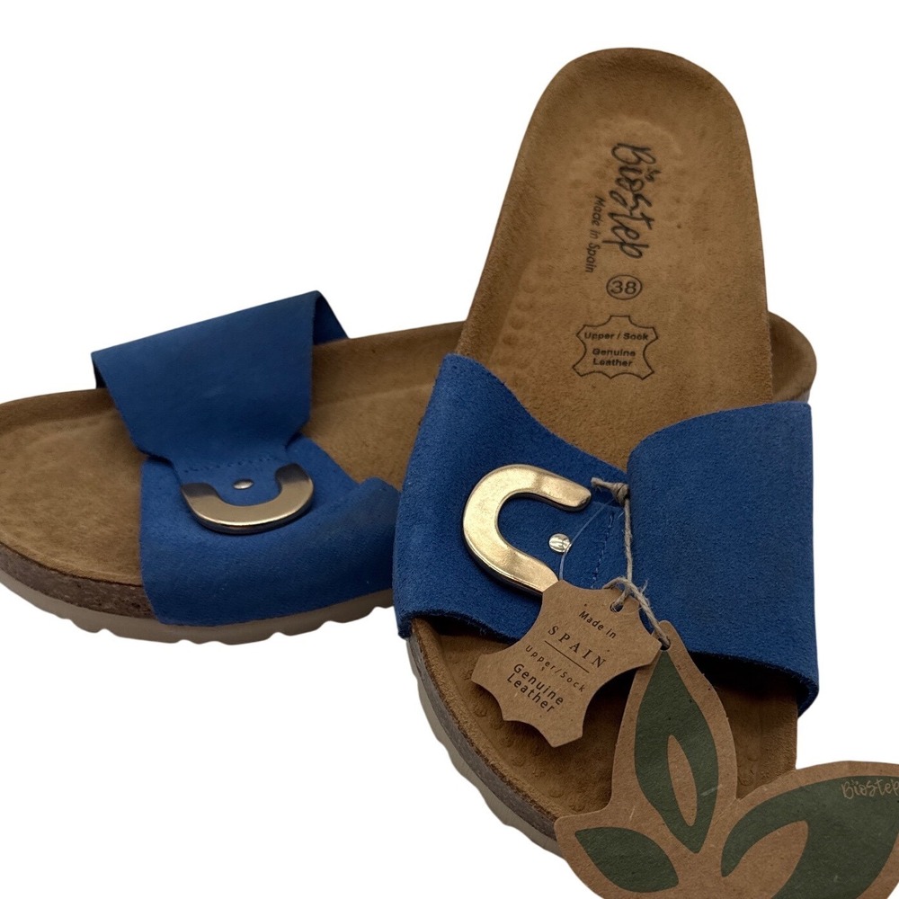 Biostep sandals women 38 US 7.5 blue Suede Cork Slide Made in Spain NWT coastal